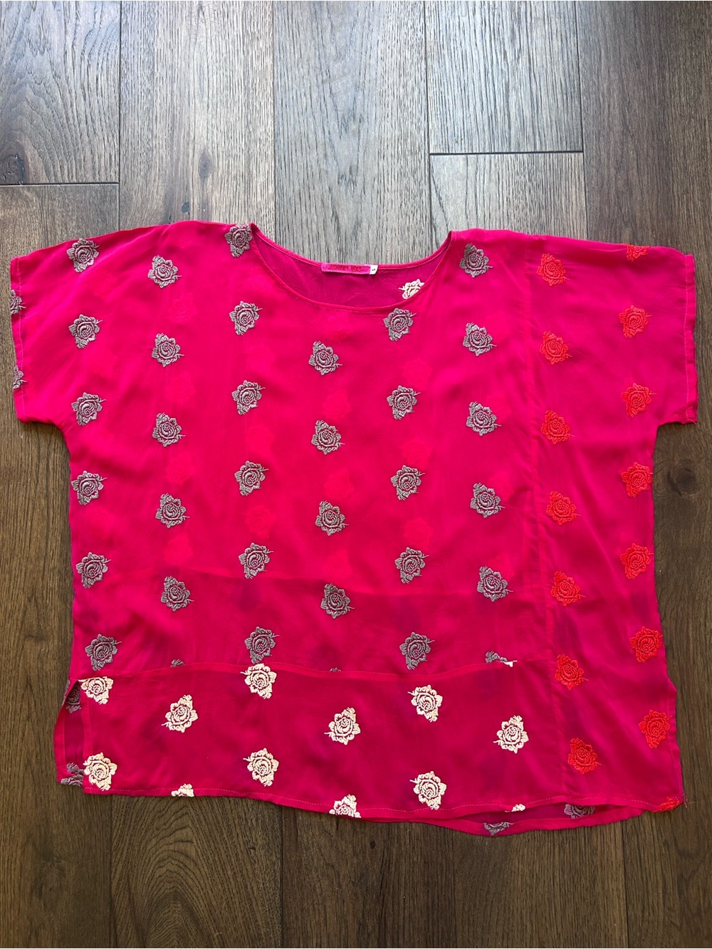 Johnny Was Hot Pink Short Sleeve Top with Colorblock Rose Accents